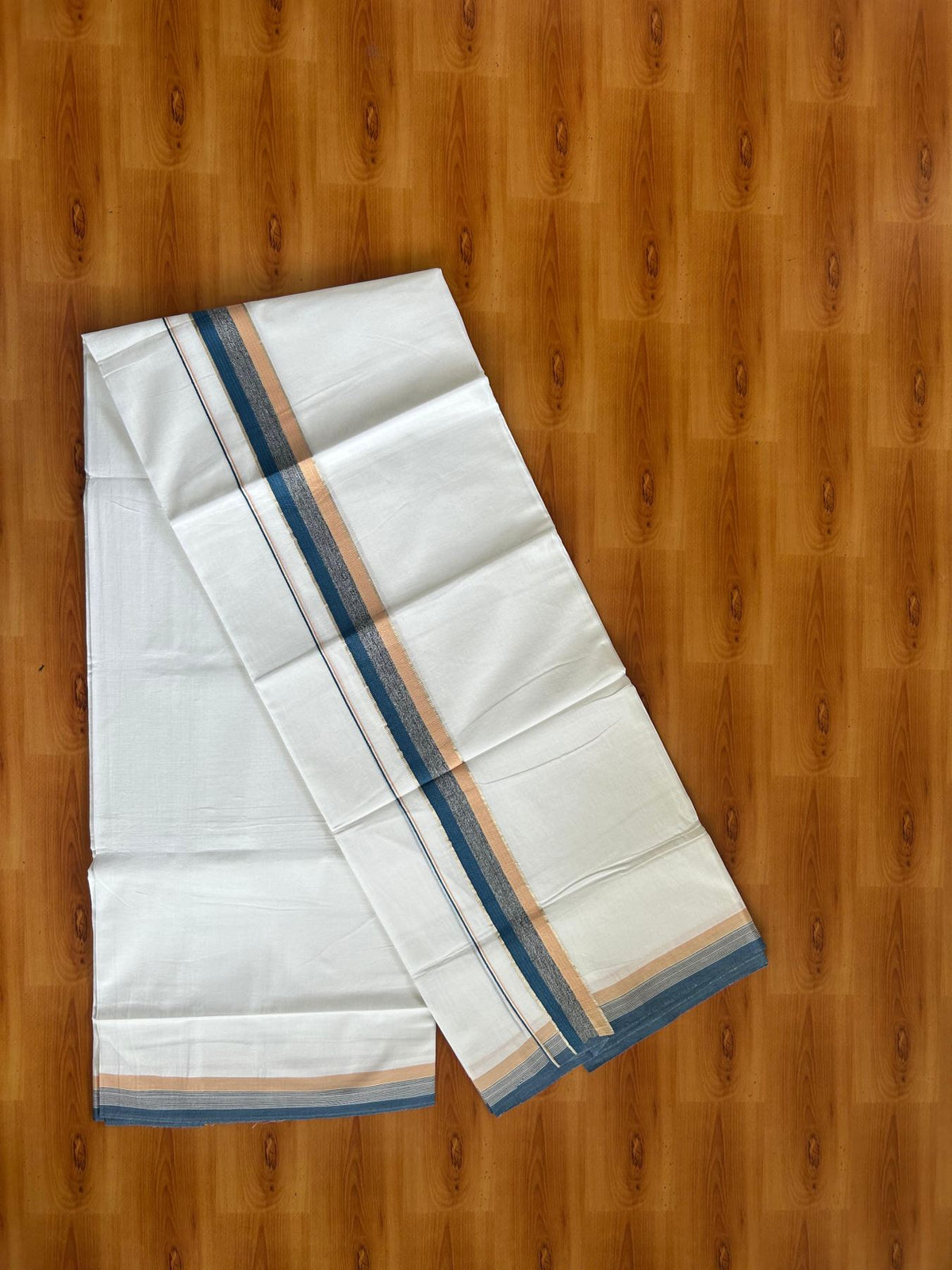 Pure white Double Mundu/Dhoti - 20% Discount !! KaithariKada Pulimood 100% Cotton - 100x80 - 1.5 inch Dark Blue, Black & Apricot Orange Silver Kasav Shaded Kara 3.85 mtr (8 muzham) - 6 KK5552 VIN