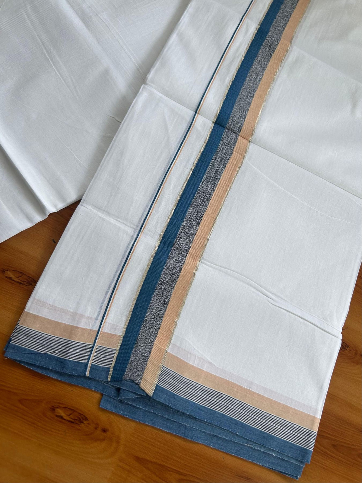 Pure white Double Mundu/Dhoti - 20% Discount !! KaithariKada Pulimood 100% Cotton - 100x80 - 1.5 inch Dark Blue, Black & Apricot Orange Silver Kasav Shaded Kara 3.85 mtr (8 muzham) - 6 KK5552 VIN