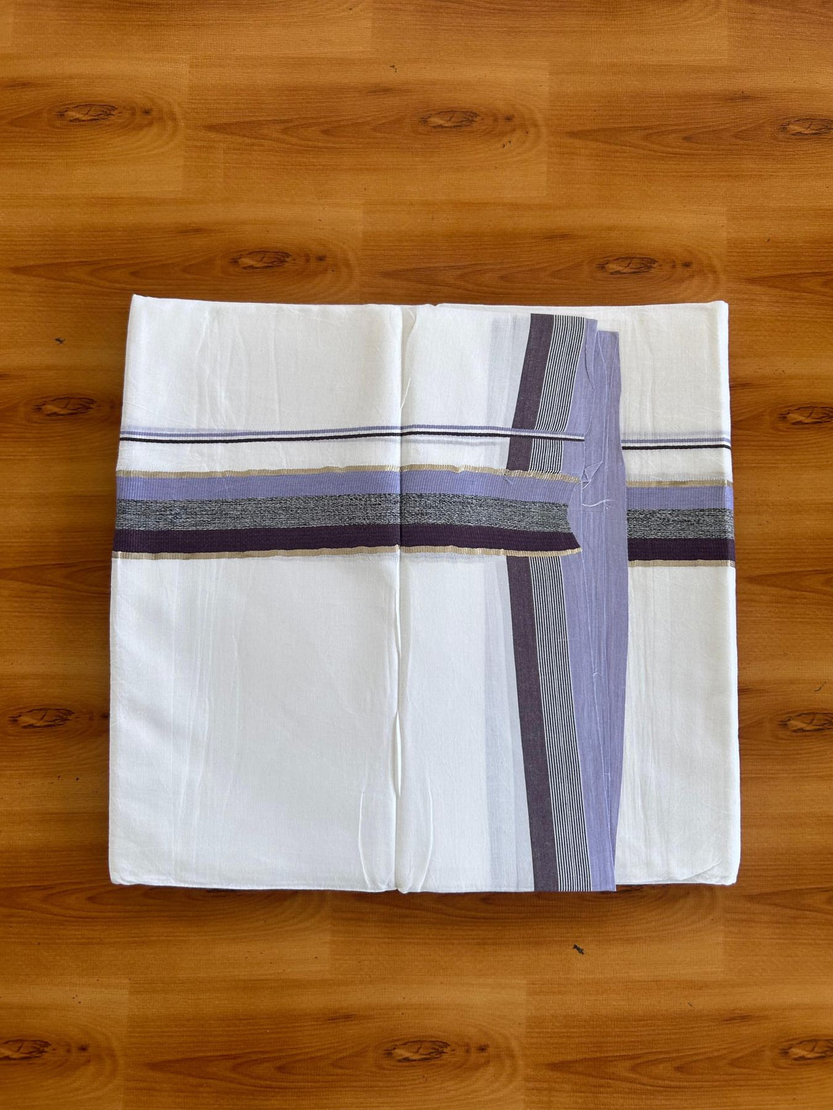 Pure white Double Mundu/Dhoti - 20% Discount !! KaithariKada Pulimood 100% Cotton - 100x80 - 1.5 inch Lavender, Black & Dark Wine Silver Kasav Shaded Kara 3.85 mtr (8 muzham) - 7 KK5552 VIN