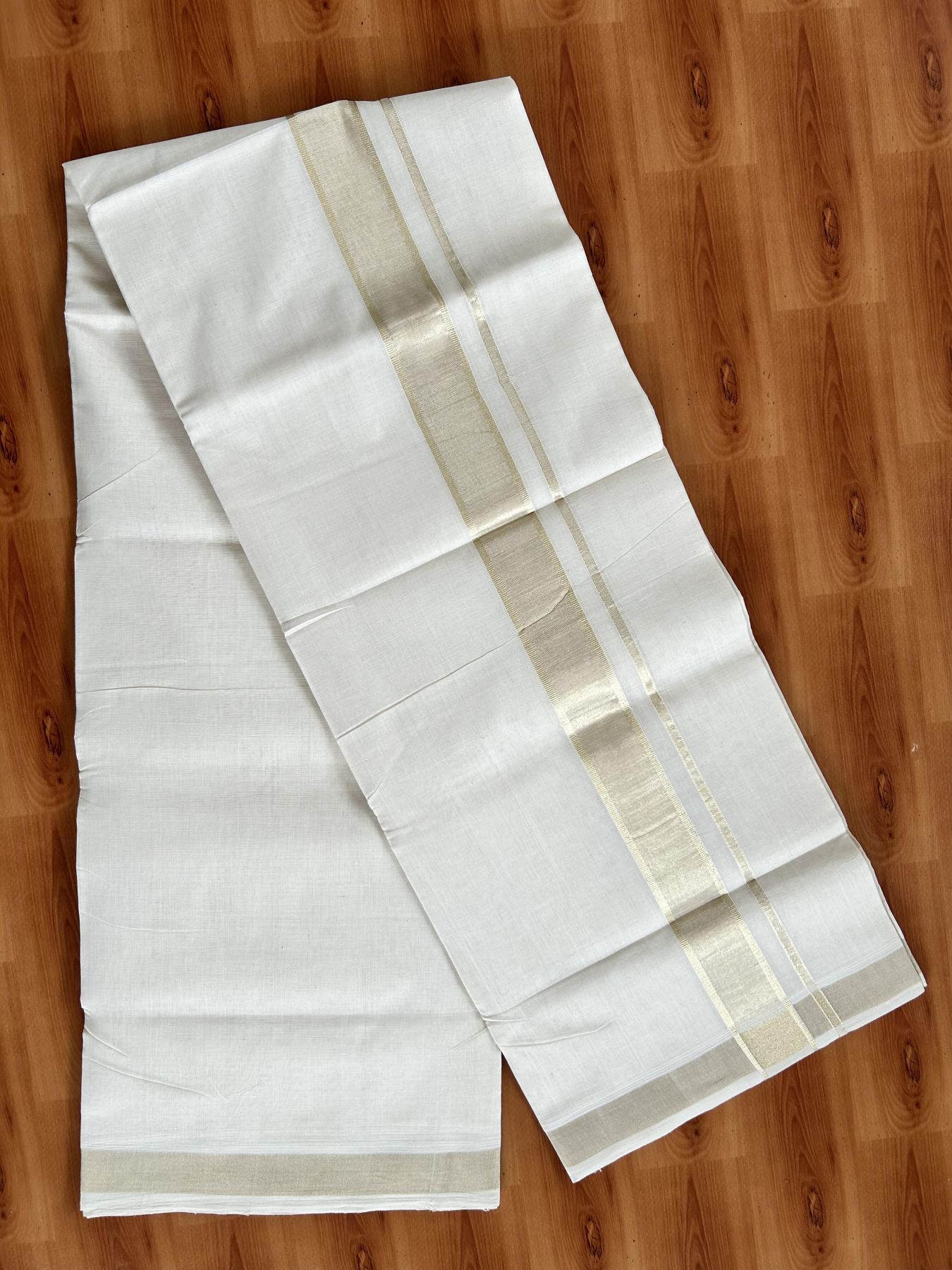 Double Off White (Unbleached) Mundu/Dhoti - 25% Discount!!! KaithariKada Handloom Unakkupaav Kerala Handloom - Pure Cotton 80x90 - 1.5 Inch Light Gold Kasavu kara 4 Mtr (8.5 Muzham) - 8 KK5438 YAR