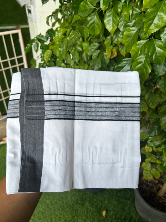 20% DISCOUNT!!! KaithariKada Balaramapuram 100% Cotton DOUBLE PURE WHITE Mundu/Dhoti - 100X80 - 1.5 Inch Black Shaded Stripes kara 3.75 mtr (8 muzham) - 7KK5220 THI