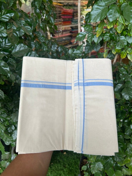 20% DISCOUNT! KaithariKada Balaramapuram 100% Cotton Double Off white - (Unbleached) - Mundu/Dhoti- 100x100 - 1 cm Blue Shaded Thin Kara - 4 mtr ( 8.5 muzham)-  5 KK5290 ASH