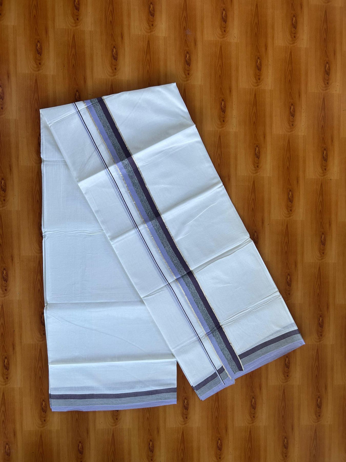 Pure white Double Mundu/Dhoti - 20% Discount !! KaithariKada Pulimood 100% Cotton - 100x80 - 1.5 inch Lavender, Black & Dark Wine Silver Kasav Shaded Kara 3.85 mtr (8 muzham) - 7 KK5552 VIN