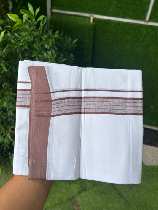20% DISCOUNT!!! KaithariKada Balaramapuram 100% Cotton DOUBLE PURE WHITE Mundu/Dhoti - 100X80 - 1.75 Inch Deep Brown Shaded Stripes kara 3.75 mtr (8 muzham) - 6KK5220 THI