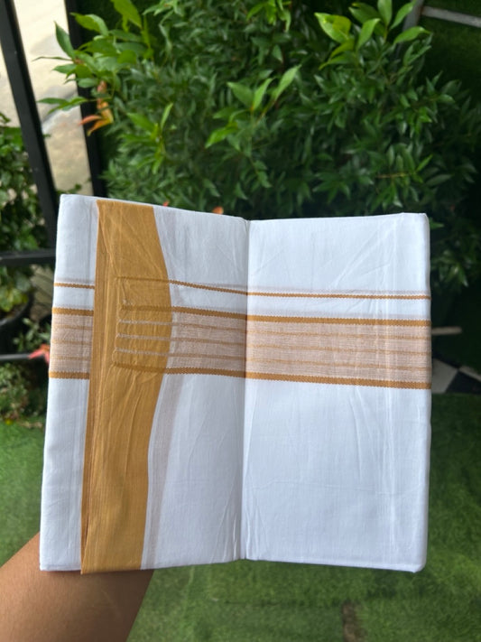 20% DISCOUNT!!! KaithariKada Balaramapuram 100% Cotton DOUBLE PURE WHITE Mundu/Dhoti - 100X80 - 1.75 Inch Yellow Orange Shaded Stripes kara 3.75 mtr (8 muzham) - 11KK5220 THI