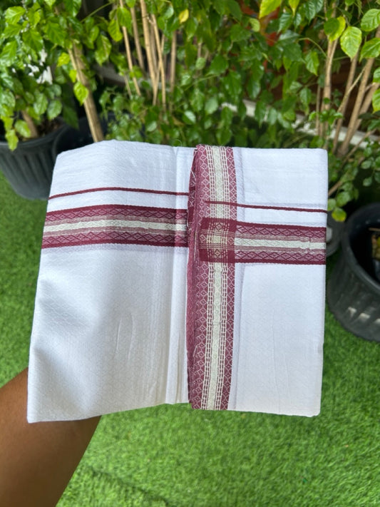 39% DISCOUNT!! Kaitharikada Balaramapuram 100% Cotton PURE WHITE Double Mundu/Dothi - 100X80 - 1.25 Inch Wine Purple Silver striped Kara with embossed design body - 2KK5155THI