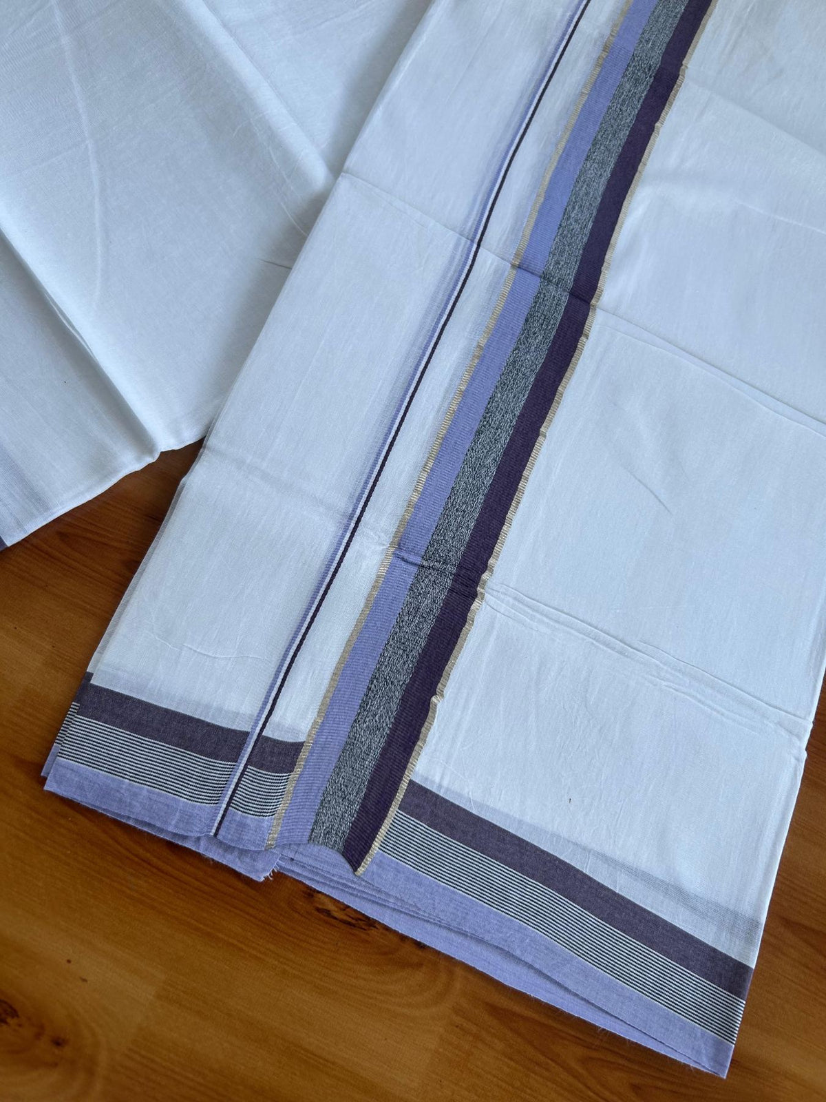 Pure white Double Mundu/Dhoti - 20% Discount !! KaithariKada Pulimood 100% Cotton - 100x80 - 1.5 inch Lavender, Black & Dark Wine Silver Kasav Shaded Kara 3.85 mtr (8 muzham) - 7 KK5552 VIN
