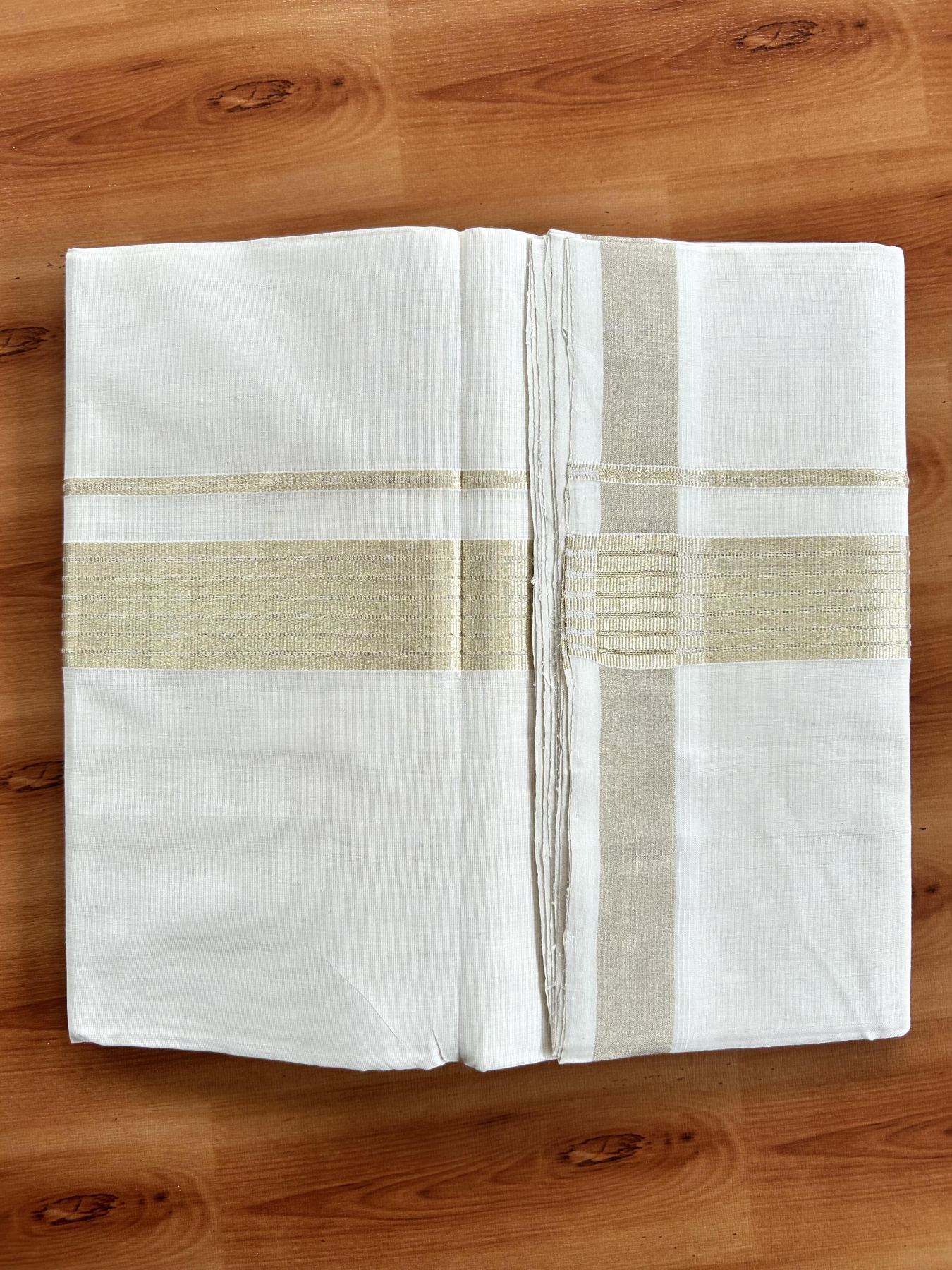 Double Off White (Unbleached) Mundu/Dhoti - 25% Discount!!! KaithariKada Handloom Unakkupaav Kerala Handloom - Pure Cotton 80x90 - 1.5 Inch Light Gold Kasavu Striped kara 4 Mtr (8.5 Muzham) - 1 KK5438 YAR