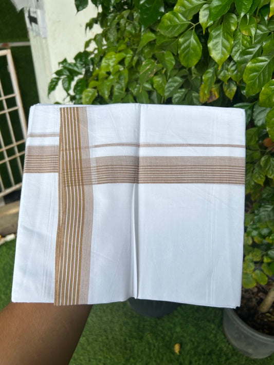 20% Discount ! Kaitharikada Balaramapuram 100% Cotton PURE WHITE Double Mundu/Dothi - 100x80 - 1.25 inch Brown Striped Kara 3.75 mtr (8 muzham) - 37KK5220 THI