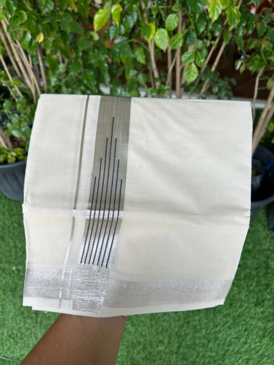 37% DISCOUNT! KaithariKada Balaramapuram 100% Cotton Double Off white (Unbleached) Mundu/Dhoti - 100x80 - 1.5 inch Silver Kasavu Black striped temple chutty kara - 1KK5155THI