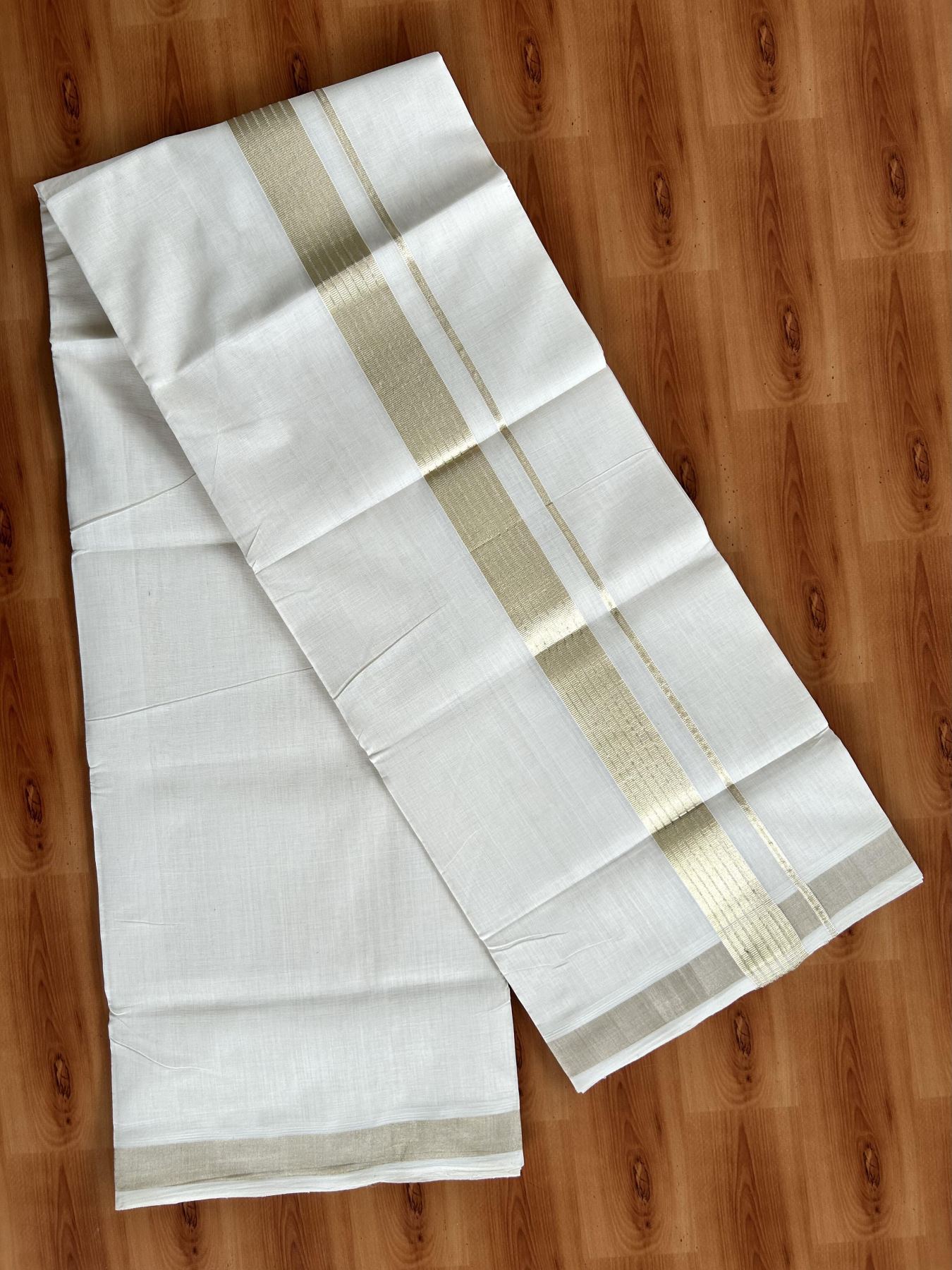 Double Off White (Unbleached) Mundu/Dhoti - 25% Discount!!! KaithariKada Handloom Unakkupaav Kerala Handloom - Pure Cotton 80x90 - 1.5 Inch Light Gold Kasavu Striped kara 4 Mtr (8.5 Muzham) - 1 KK5438 YAR