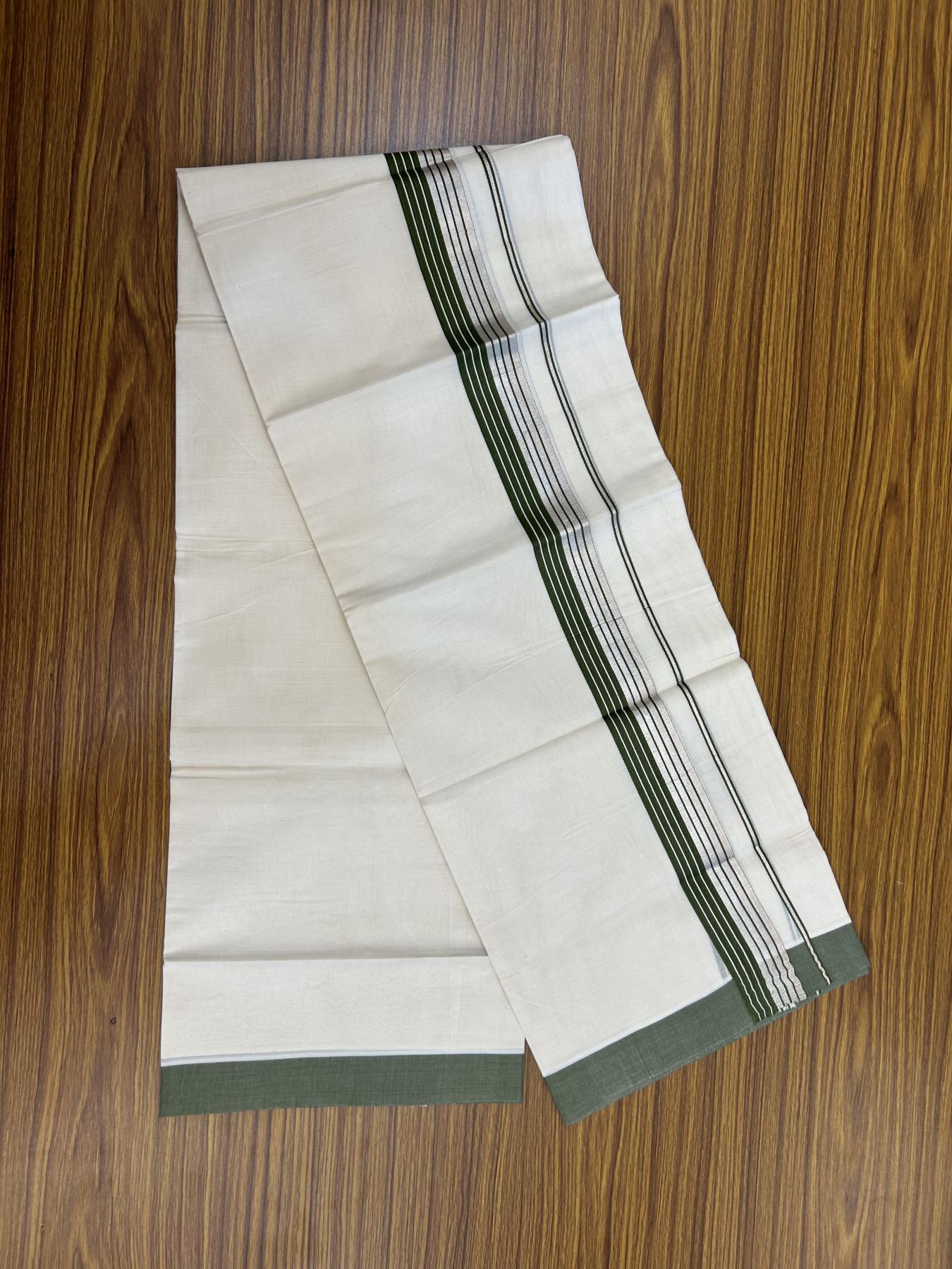 20% Discount! KaithariKada Balaramapuram 100% Cotton Off white Double Mundu/Dhoti - 80s - 1.5 inch Olive Green & Silver Kasav Striped Kara - 4mtr (8.5muzham) - 4 KK5357 VAS
