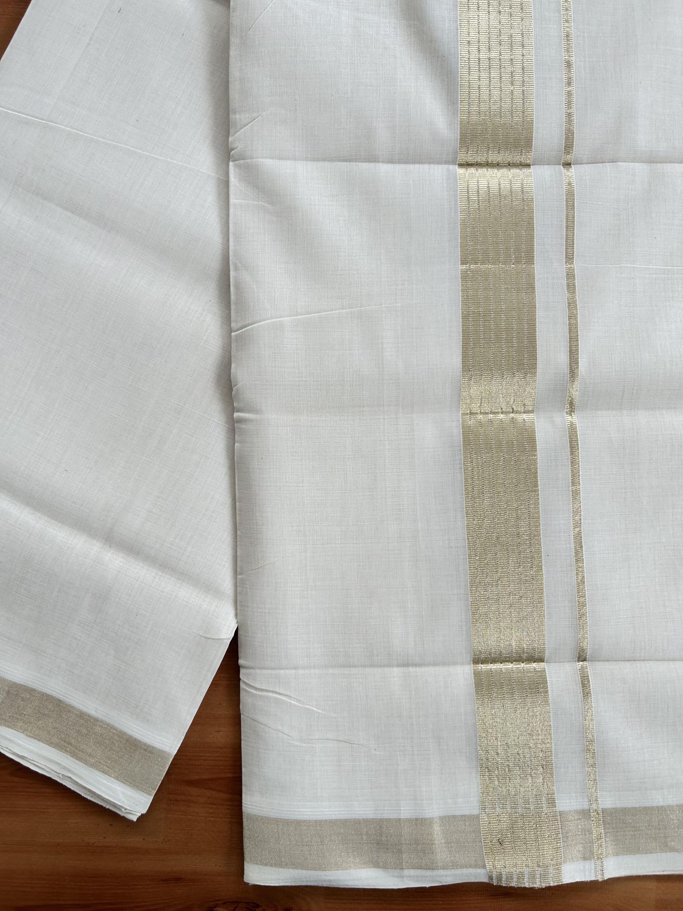 Double Off White (Unbleached) Mundu/Dhoti - 25% Discount!!! KaithariKada Handloom Unakkupaav Kerala Handloom - Pure Cotton 80x90 - 1.5 Inch Light Gold Kasavu Striped kara 4 Mtr (8.5 Muzham) - 1 KK5438 YAR