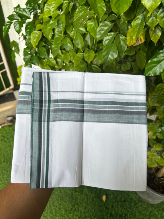 20% Discount ! Kaitharikada Balaramapuram 100% Cotton PURE WHITE Double Mundu/Dothi - 100x80 - 1.75 inch Dark Green & Black Shaded Striped Kara 3.75 mtr (8 muzham) - 34KK5220 THI