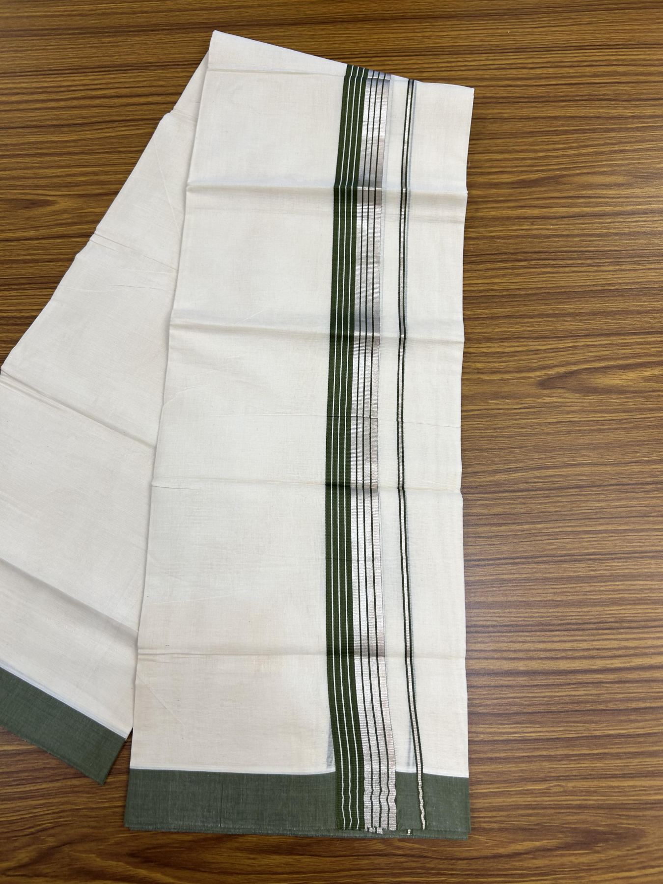20% Discount! KaithariKada Balaramapuram 100% Cotton Off white Double Mundu/Dhoti - 80s - 1.5 inch Olive Green & Silver Kasav Striped Kara - 4mtr (8.5muzham) - 4 KK5357 VAS