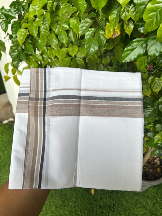 20% Discount ! Kaitharikada Balaramapuram 100% Cotton PURE WHITE Double Mundu/Dothi - 100x80 - 1.75 inch Brown & Black Shaded Striped Kara 3.75 mtr (8 muzham) - 33KK5220 THI