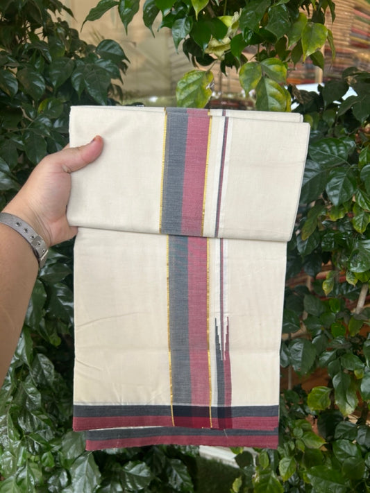 DMK Veshti - 20% Discount !! KaithariKada Balaramapuram Double Off white - (Unbleached) Mundu/Dhoti - 100X100 - 2 inch Puliyilakkara Kasavu Maroon & Black Chutty Kara - 9 KK5290 ASH
