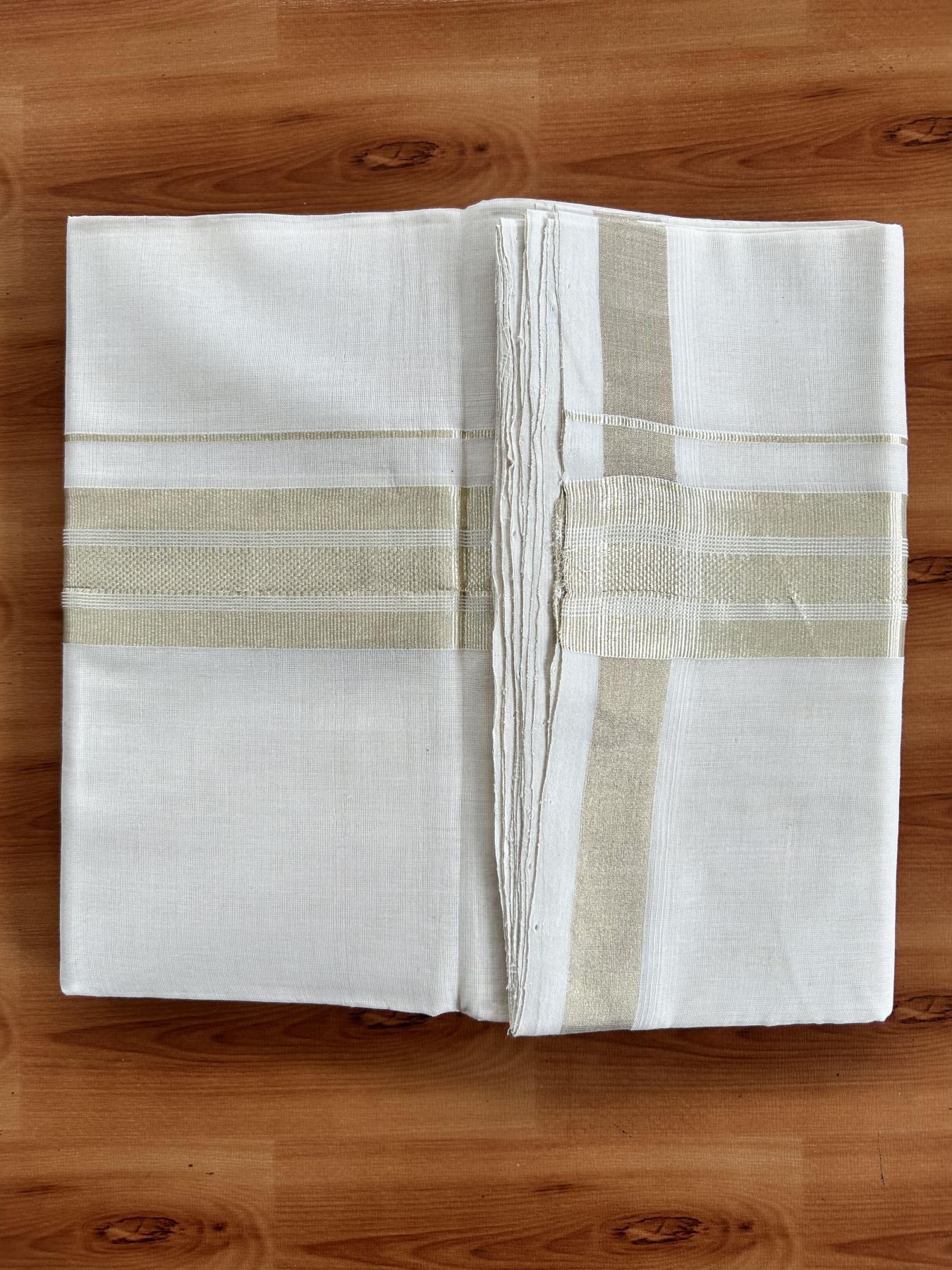 Double Off White (Unbleached) Mundu/Dhoti - 25% Discount!!! KaithariKada Handloom Unakkupaav Kerala Handloom - Pure Cotton 80x90 - 2 Inch Light Gold Kasavu Striped kara 4 Mtr (8.5 Muzham) - 7 KK5438 YAR