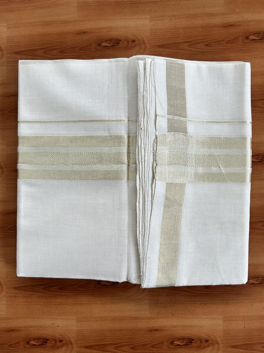 Double Off White (Unbleached) Mundu/Dhoti - 25% Discount!!! KaithariKada Handloom Unakkupaav Kerala Handloom - Pure Cotton 80x90 - 2 Inch Light Gold Kasavu Striped kara 4 Mtr (8.5 Muzham) - 7 KK5438 YAR