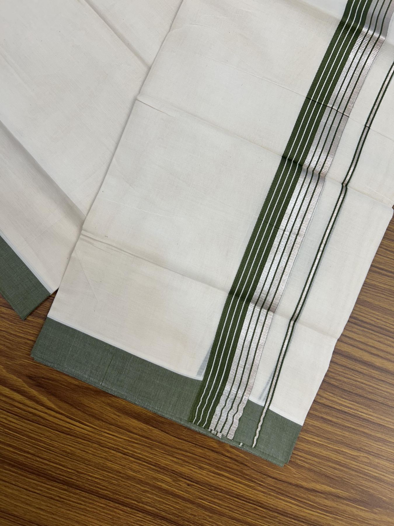 20% Discount! KaithariKada Balaramapuram 100% Cotton Off white Double Mundu/Dhoti - 80s - 1.5 inch Olive Green & Silver Kasav Striped Kara - 4mtr (8.5muzham) - 4 KK5357 VAS