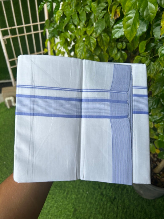20% Discount ! Kaitharikada Balaramapuram 100% Cotton PURE WHITE Double Mundu/Dothi - 100x80 - 1.5 inch Lavender Blue Striped Kara 3.75 mtr (8 muzham) - 36KK5220 THI