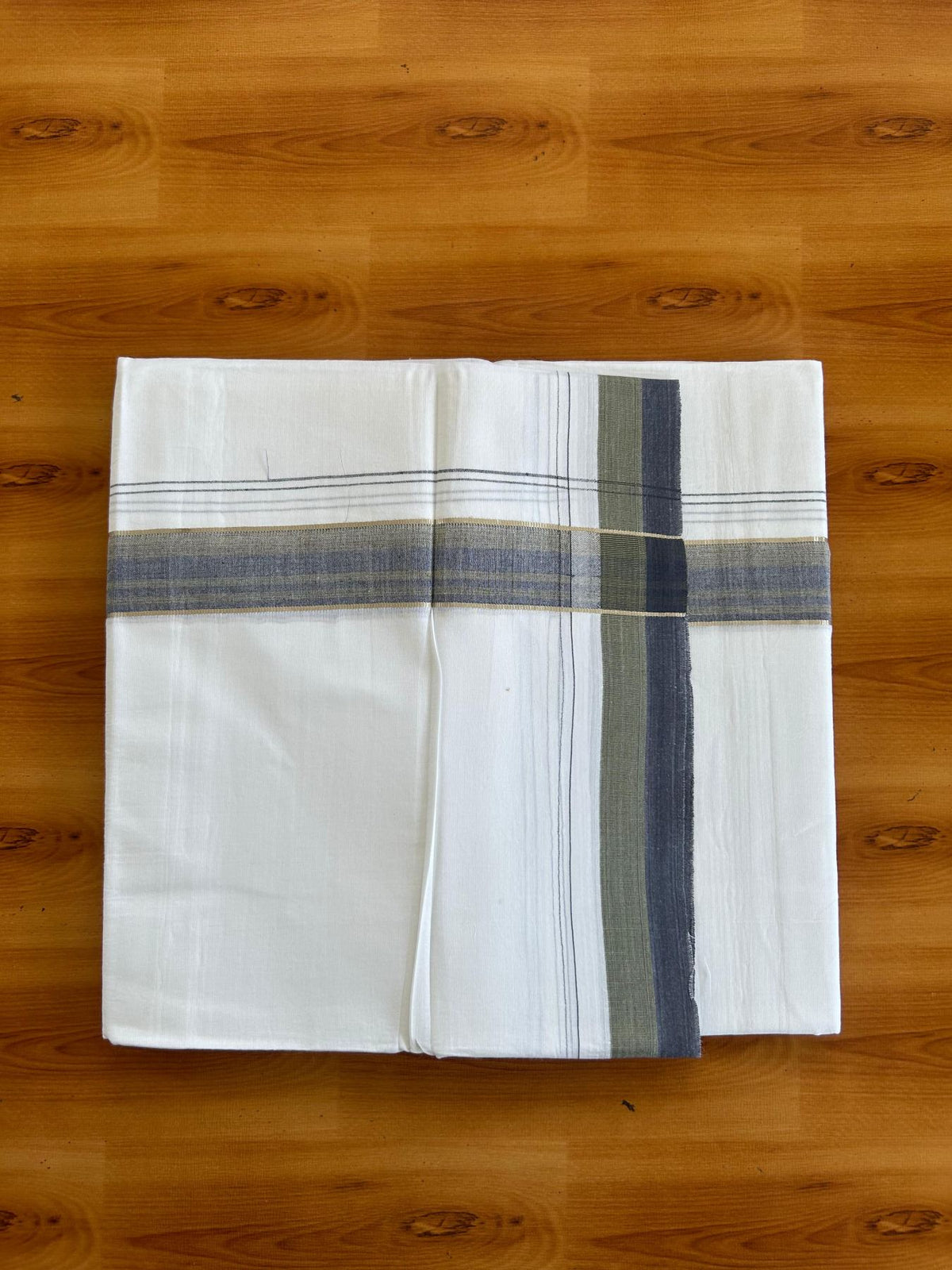 Pure white Double Mundu/Dhoti - 20% Discount !! KaithariKada Pulimood 100% Cotton - 100x80 - 1.25 inch Navy Blue & Moss Green Silver Kasav Shaded Striped Kara 3.85 mtr (8 muzham) - 9 KK5552 VIN