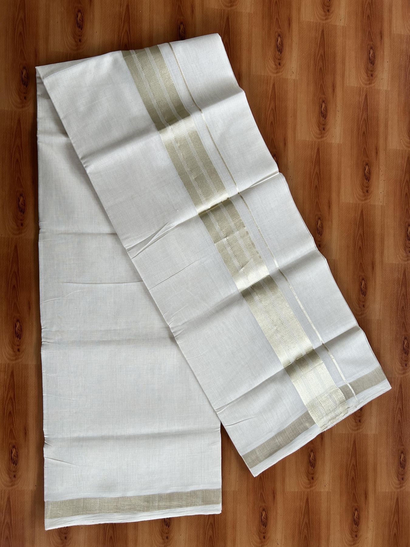 Double Off White (Unbleached) Mundu/Dhoti - 25% Discount!!! KaithariKada Handloom Unakkupaav Kerala Handloom - Pure Cotton 80x90 - 2 Inch Light Gold Kasavu Striped kara 4 Mtr (8.5 Muzham) - 7 KK5438 YAR