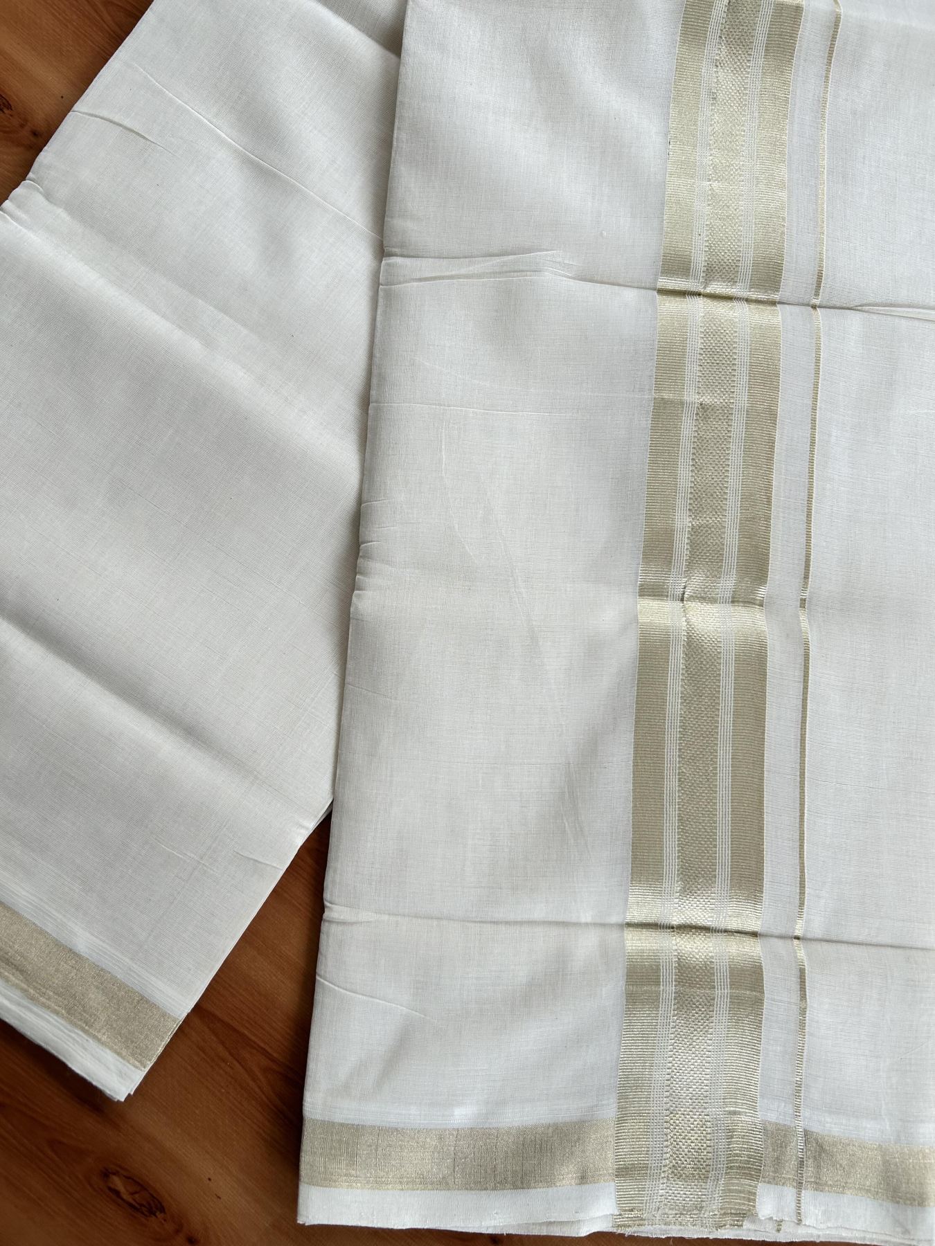 Double Off White (Unbleached) Mundu/Dhoti - 25% Discount!!! KaithariKada Handloom Unakkupaav Kerala Handloom - Pure Cotton 80x90 - 2 Inch Light Gold Kasavu Striped kara 4 Mtr (8.5 Muzham) - 7 KK5438 YAR