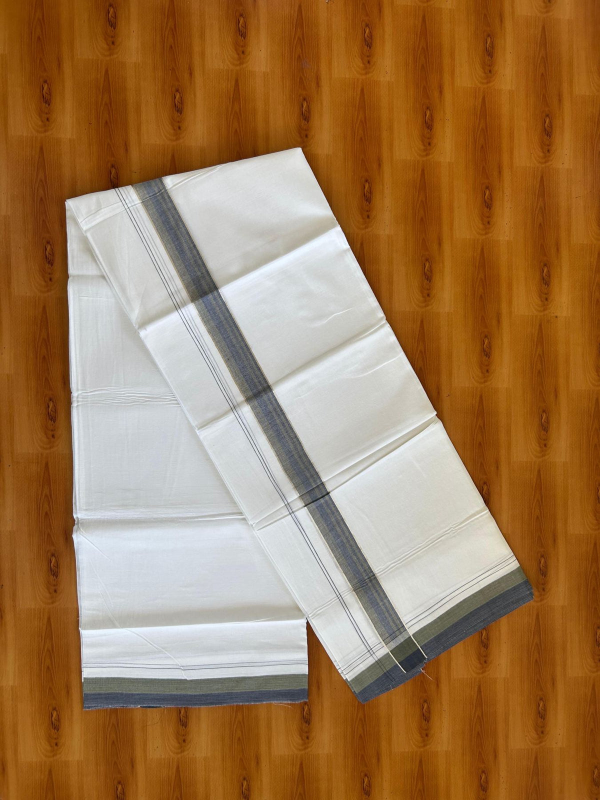 Pure white Double Mundu/Dhoti - 20% Discount !! KaithariKada Pulimood 100% Cotton - 100x80 - 1.25 inch Navy Blue & Moss Green Silver Kasav Shaded Striped Kara 3.85 mtr (8 muzham) - 9 KK5552 VIN