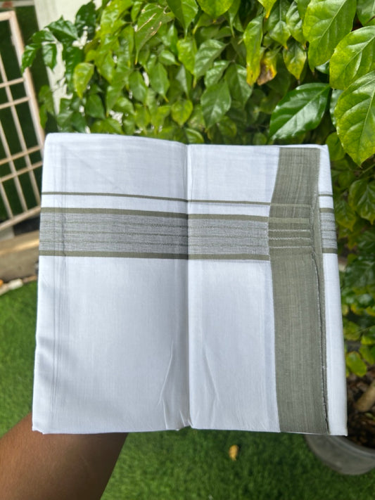 20% DISCOUNT!!! KaithariKada Balaramapuram 100% Cotton DOUBLE PURE WHITE Mundu/Dhoti - 100X80 - 1.5 Inch Sage Grey Shaded Stripes kara 3.75 mtr (8 muzham) - 4KK5220 THI