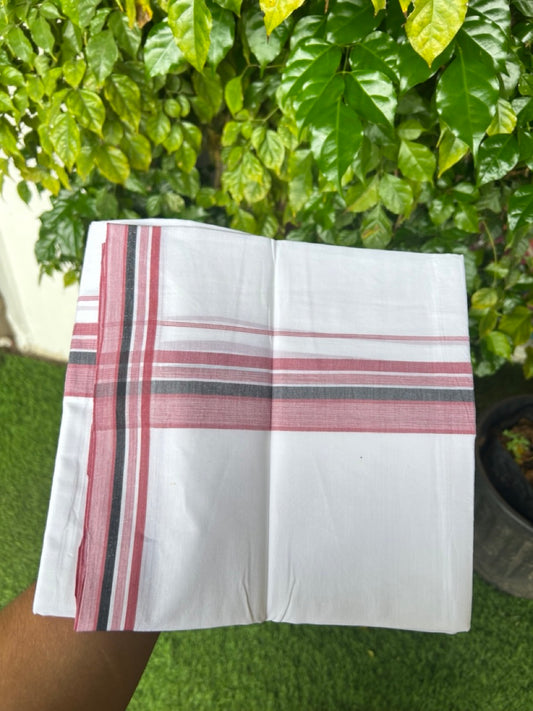 20% Discount ! Kaitharikada Balaramapuram 100% Cotton PURE WHITE Double Mundu/Dothi - 100x80 - 1.75 inch Dark Dusty Rose & Black Shaded Striped Kara 3.75 mtr (8 muzham) - 35KK5220 THI