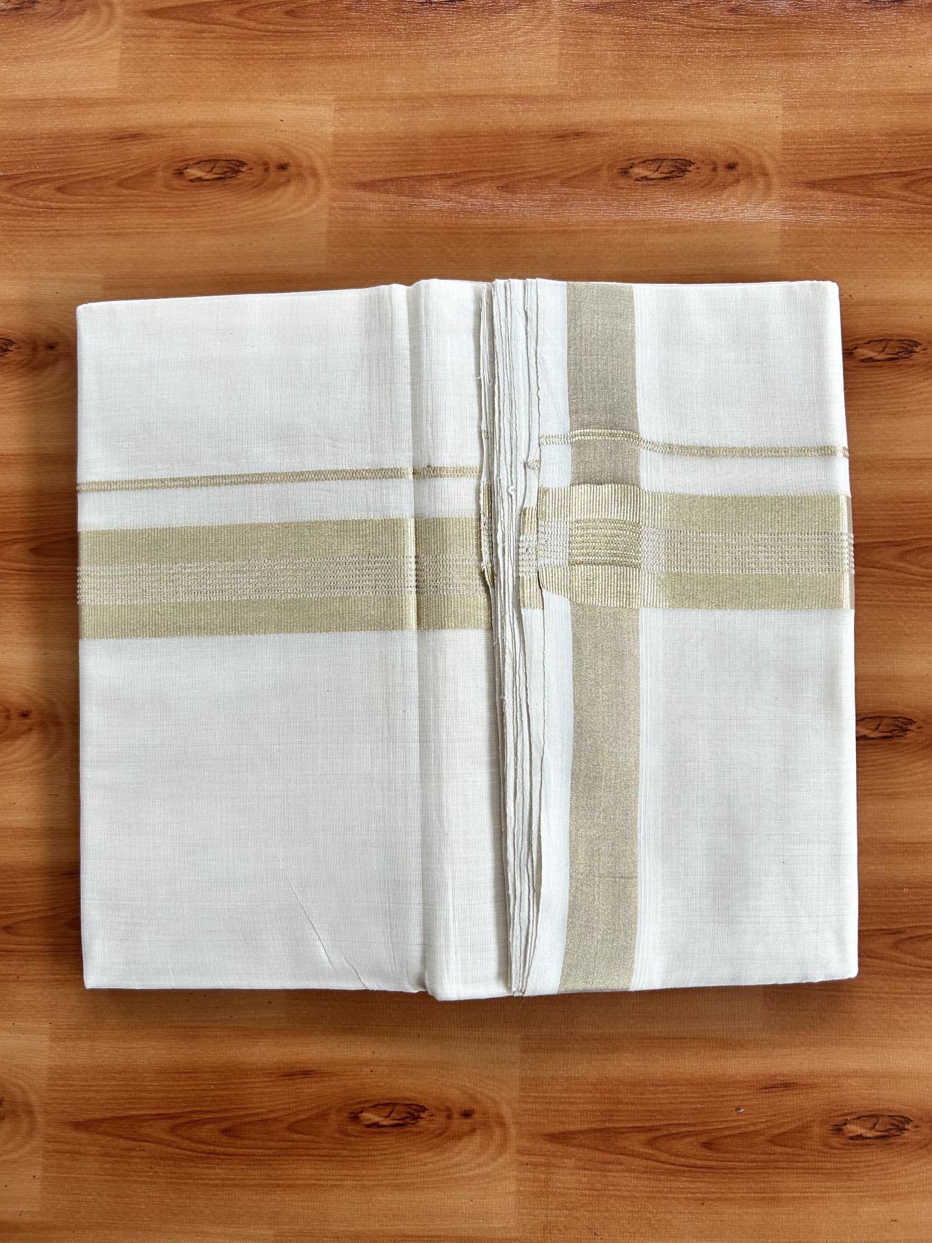 Double Off White (Unbleached) Mundu/Dhoti - 25% Discount!!! KaithariKada Handloom Unakkupaav Kerala Handloom - Pure Cotton 80x90 - 1.5 Inch Light Gold Kasavu Striped kara 4 Mtr (8.5 Muzham) - 3 KK5438 YAR