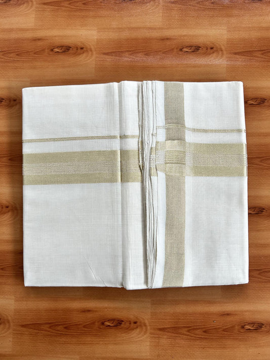 Double Off White (Unbleached) Mundu/Dhoti - 25% Discount!!! KaithariKada Handloom Unakkupaav Kerala Handloom - Pure Cotton 80x90 - 1.5 Inch Light Gold Kasavu Striped kara 4 Mtr (8.5 Muzham) - 3 KK5438 YAR