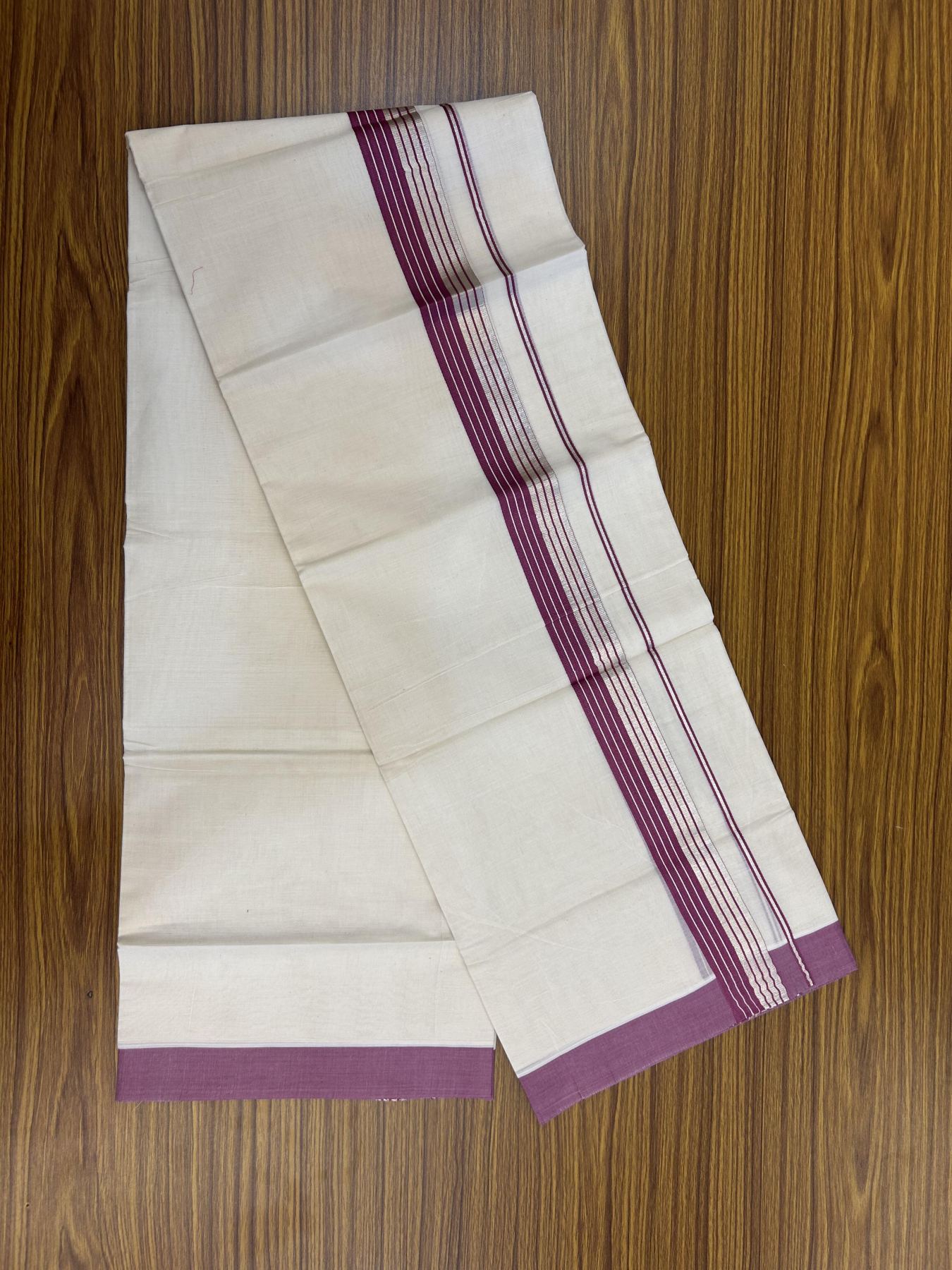 20% Discount! KaithariKada Balaramapuram 100% Cotton Off white Double Mundu/Dhoti - 80s - 1.5 inch Magenta & Silver Kasav Striped Kara - 4mtr (8.5muzham) - 6 KK5357 VAS