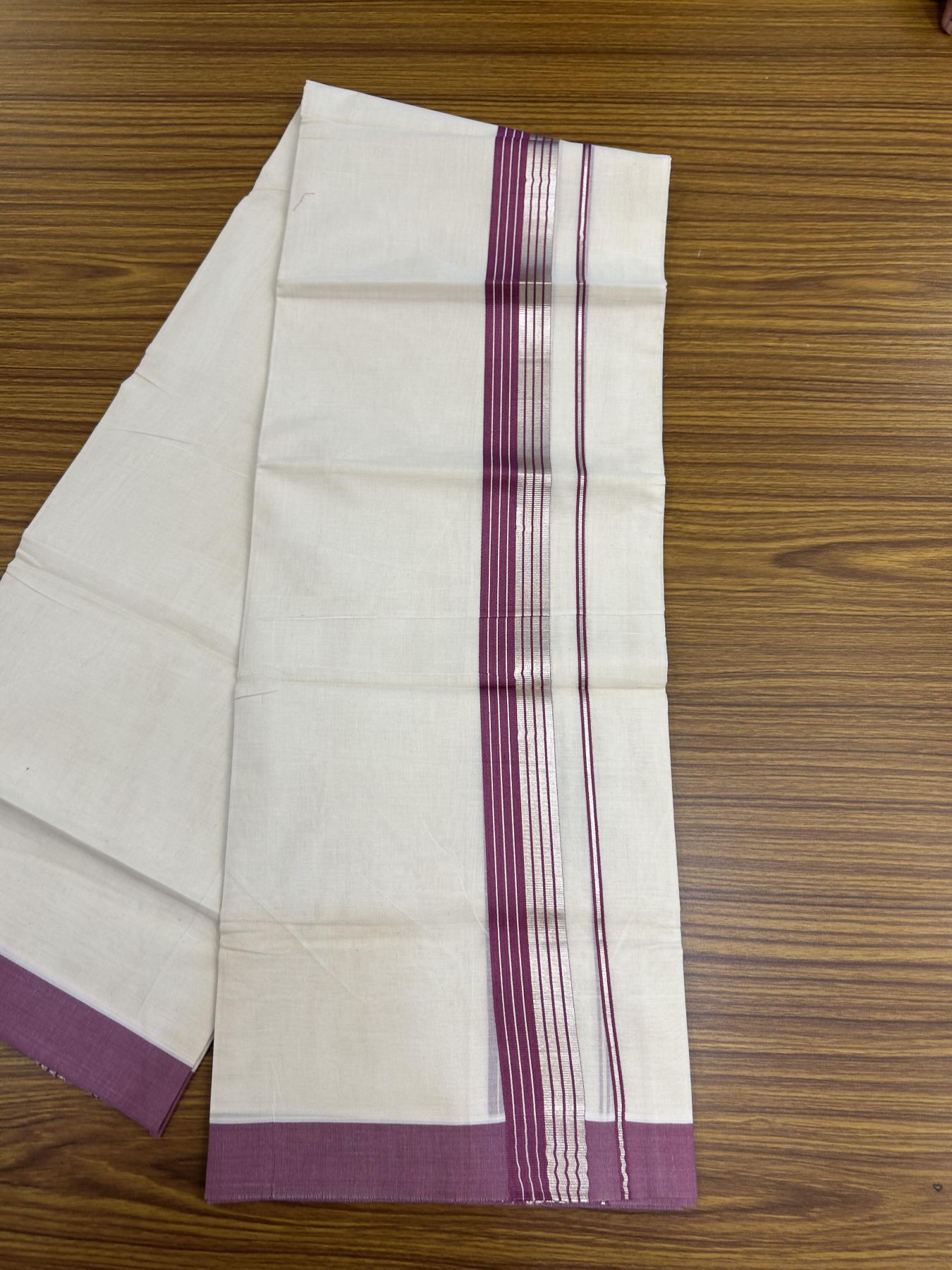 20% Discount! KaithariKada Balaramapuram 100% Cotton Off white Double Mundu/Dhoti - 80s - 1.5 inch Magenta & Silver Kasav Striped Kara - 4mtr (8.5muzham) - 6 KK5357 VAS