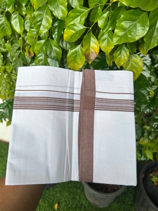 8% Discount ! Kaitharikada Balaramapuram 100% Cotton PURE WHITE SINGLE Mundu/Dothi - 40s - 1 inch Chocolate Brown Stripes Kara (2 meters / 4 muzham) - 3KK5220 THI