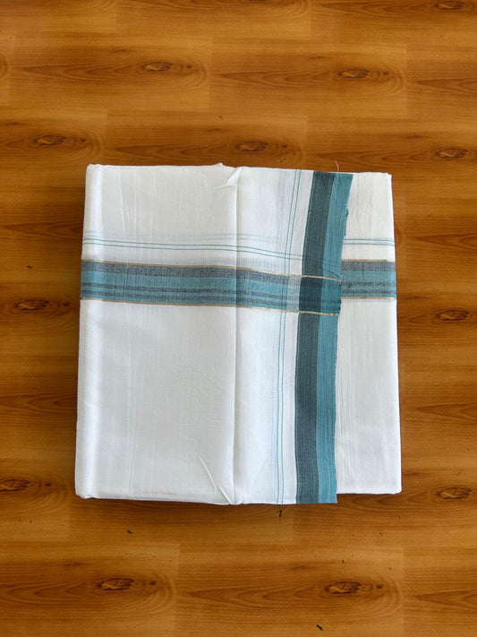 Pure white Double Mundu/Dhoti - 20% Discount !! KaithariKada Pulimood 100% Cotton - 100x80 - 1.25 inch Turquoise Blue & Peacock Blue Silver Kasav Shaded Striped Kara 3.85 mtr (8 muzham) - 11 KK5552 VIN