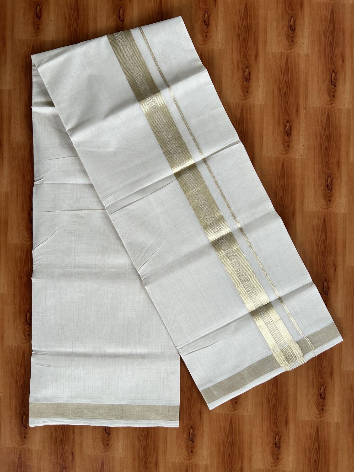 Double Off White (Unbleached) Mundu/Dhoti - 25% Discount!!! KaithariKada Handloom Unakkupaav Kerala Handloom - Pure Cotton 80x90 - 1.5 Inch Light Gold Kasavu Striped kara 4 Mtr (8.5 Muzham) - 3 KK5438 YAR