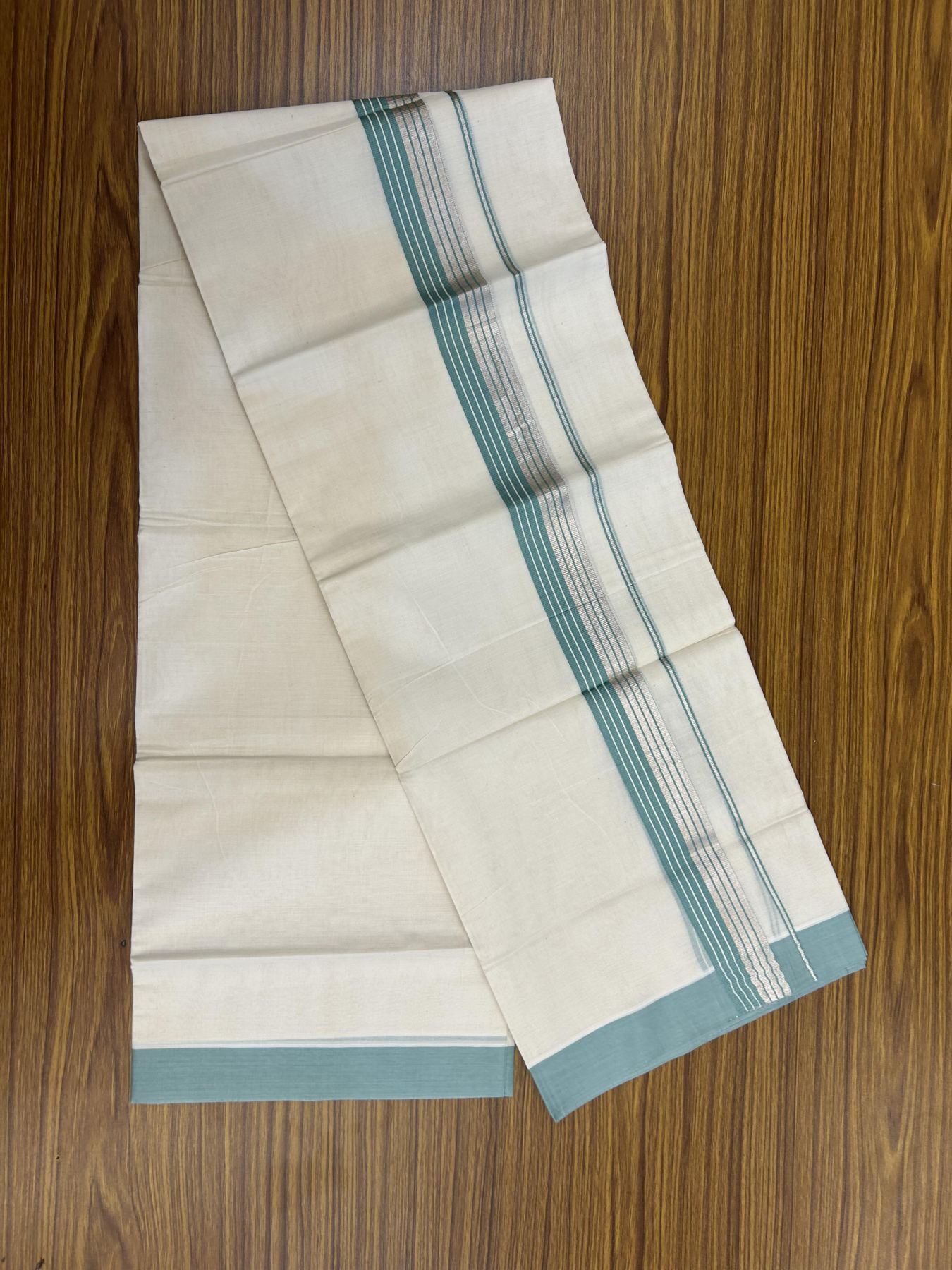 20% Discount! KaithariKada Balaramapuram 100% Cotton Off white Double Mundu/Dhoti - 80s - 1.5 inch Pale Teal & Silver Kasav Striped Kara - 4mtr (8.5muzham) - 7 KK5357 VAS