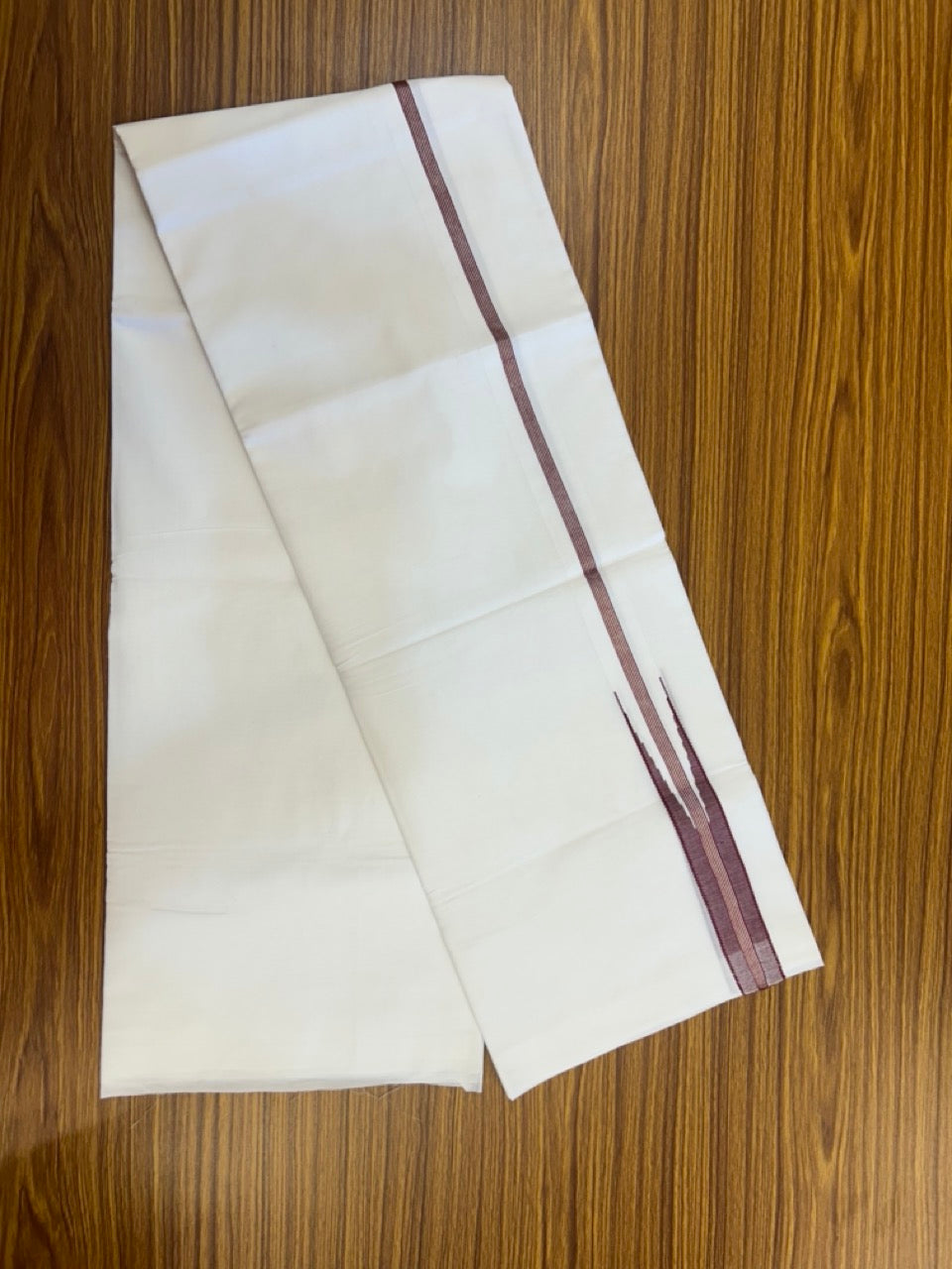 20% Discount ! NEW! KaithariKada Balaramapuram 100% Cotton Pure white Double Mundu/Dhoti - (100x80)s - 1.25 inch Maroon Silver Kasav Striped Kara - 3 KK5291 CKS