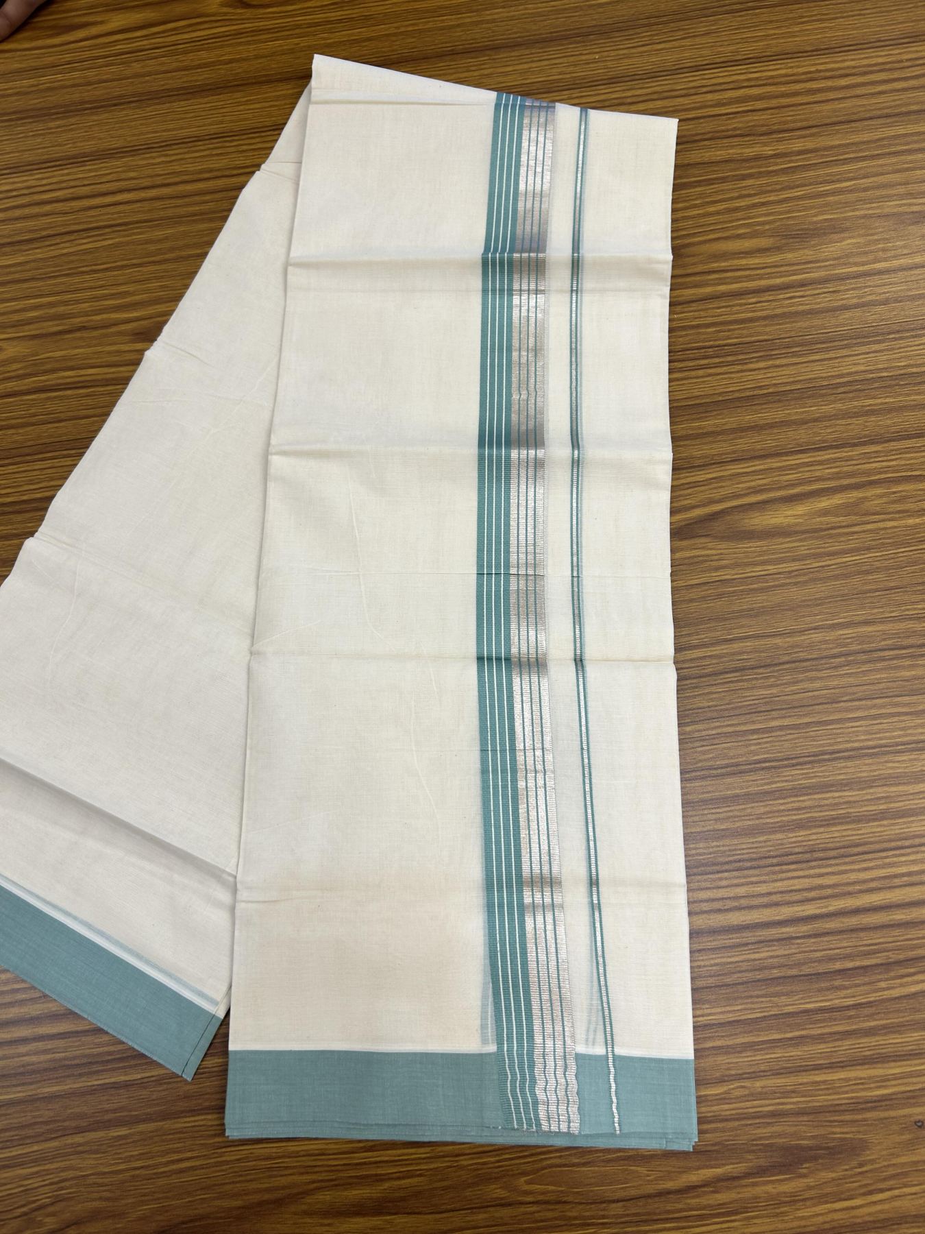 20% Discount! KaithariKada Balaramapuram 100% Cotton Off white Double Mundu/Dhoti - 80s - 1.5 inch Pale Teal & Silver Kasav Striped Kara - 4mtr (8.5muzham) - 7 KK5357 VAS