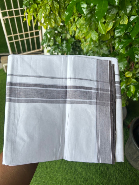 20% Discount ! Kaitharikada Balaramapuram 100% Cotton PURE WHITE Double Mundu/Dothi - 100x80 - 1.75 inch Brown Striped Kara 3.75 mtr (8 muzham) - 41KK5220 THI
