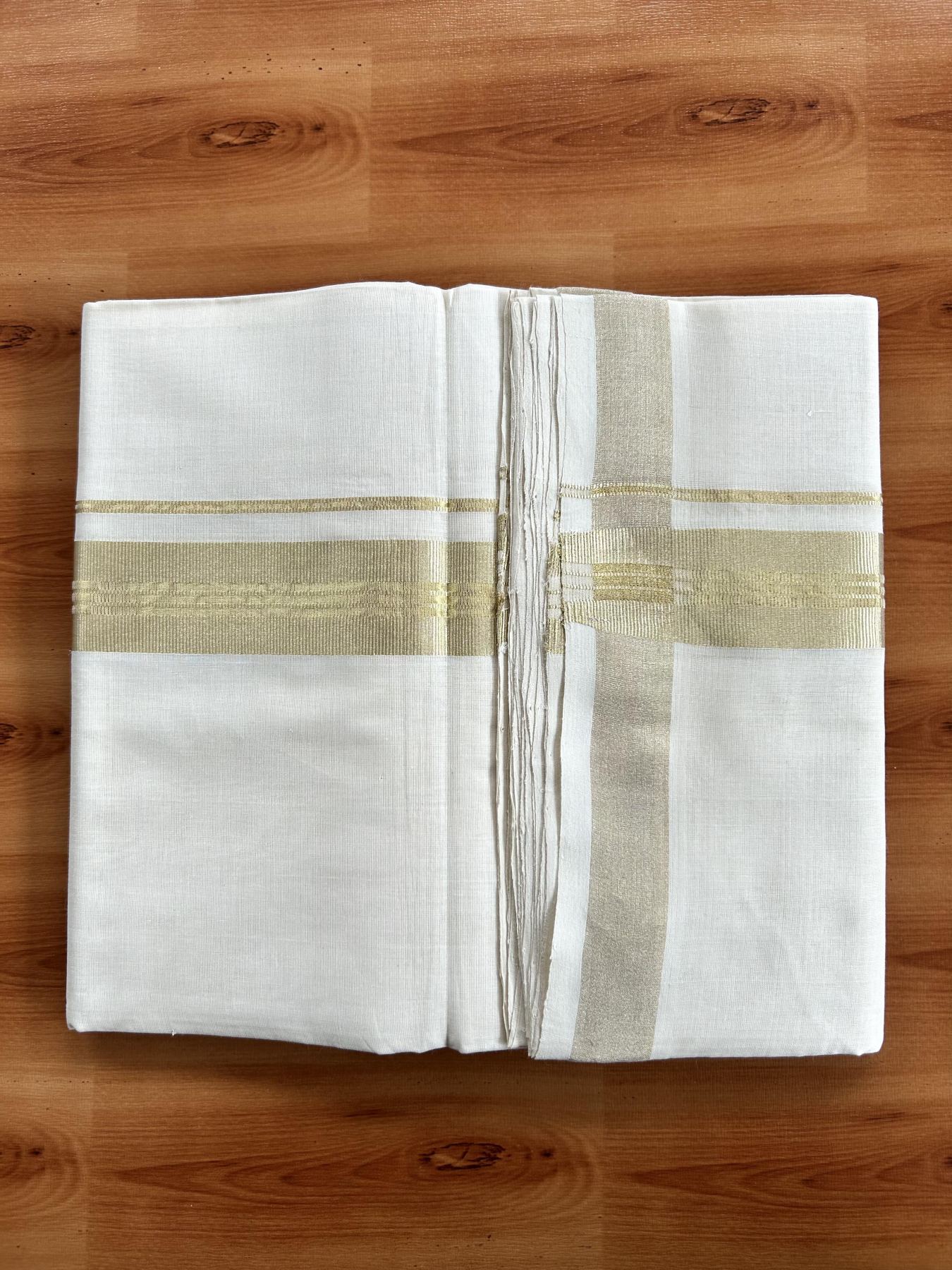 Double Off White (Unbleached) Mundu/Dhoti - 25% Discount!!! KaithariKada Handloom Unakkupaav Kerala Handloom - Pure Cotton 80x90 - 1.5 Inch Light Gold Kasavu Striped kara 4 Mtr (8.5 Muzham) - 4 KK5438 YAR