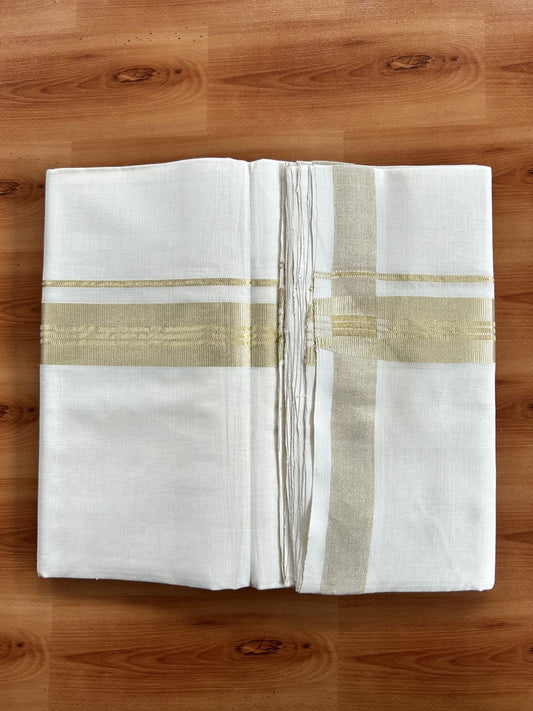 Double Off White (Unbleached) Mundu/Dhoti - 25% Discount!!! KaithariKada Handloom Unakkupaav Kerala Handloom - Pure Cotton 80x90 - 1.5 Inch Light Gold Kasavu Striped kara 4 Mtr (8.5 Muzham) - 4 KK5438 YAR