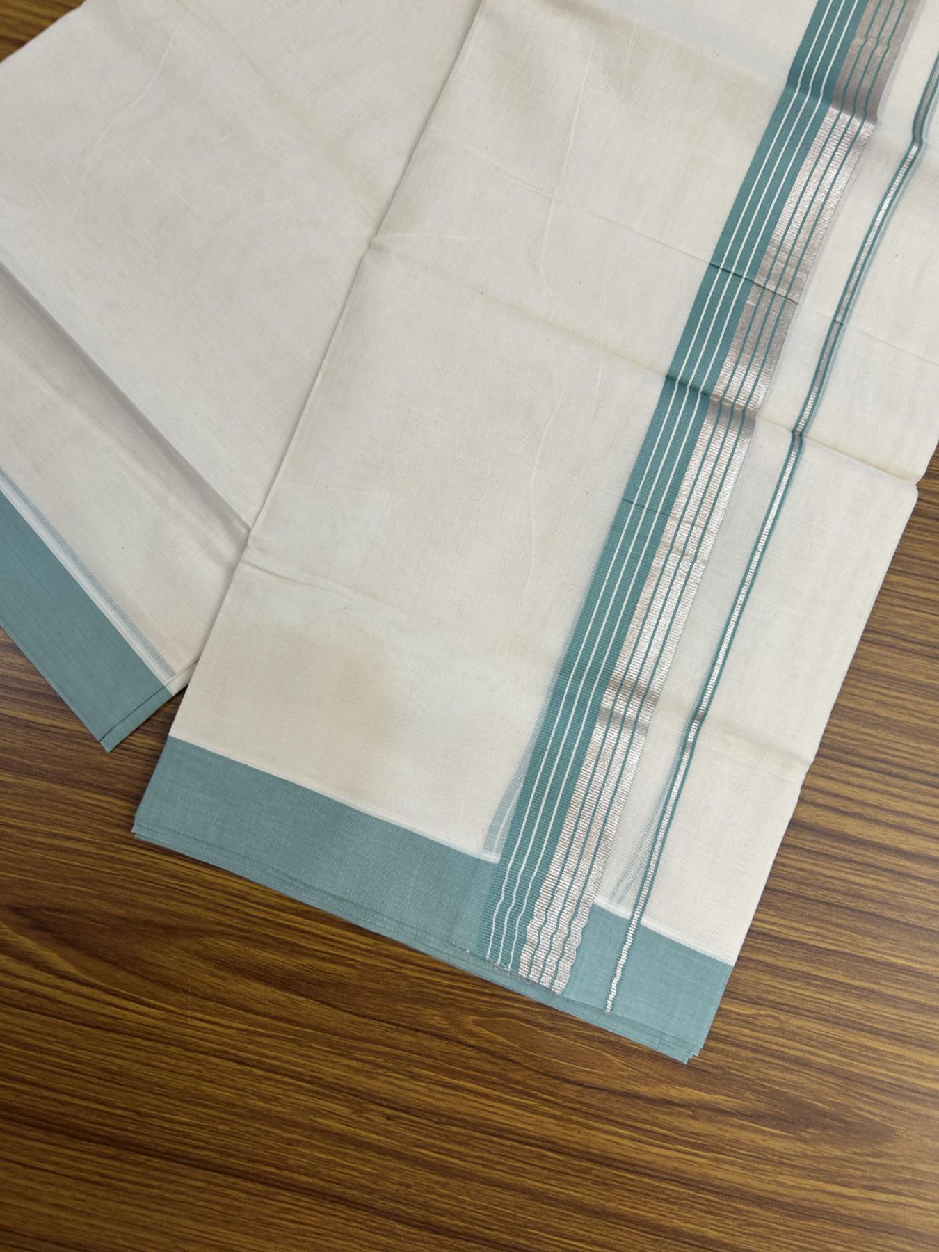 20% Discount! KaithariKada Balaramapuram 100% Cotton Off white Double Mundu/Dhoti - 80s - 1.5 inch Pale Teal & Silver Kasav Striped Kara - 4mtr (8.5muzham) - 7 KK5357 VAS