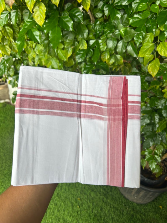 20% Discount ! Kaitharikada Balaramapuram 100% Cotton PURE WHITE Double Mundu/Dothi - 100x80 - 1.5 inch Red Striped Kara 3.75 mtr (8 muzham) - 42KK5220 THI