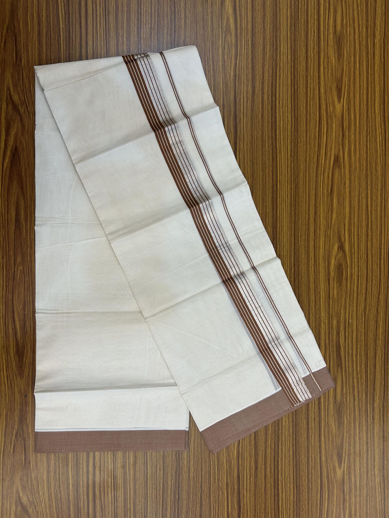 20% Discount! KaithariKada Balaramapuram 100% Cotton Off white Double Mundu/Dhoti - 80s - 1.5 inch Brown & Silver Kasav Striped Kara - 4mtr (8.5muzham) - 8 KK5357 VAS