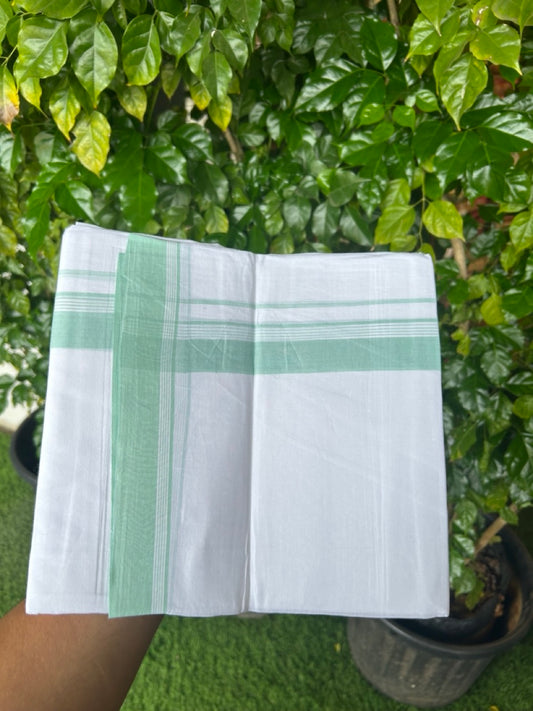 20% Discount ! Kaitharikada Balaramapuram 100% Cotton PURE WHITE Double Mundu/Dothi - 100x80 - 1.5 inch Mint Green Striped Kara 3.75 mtr (8 muzham) - 43KK5220 THI
