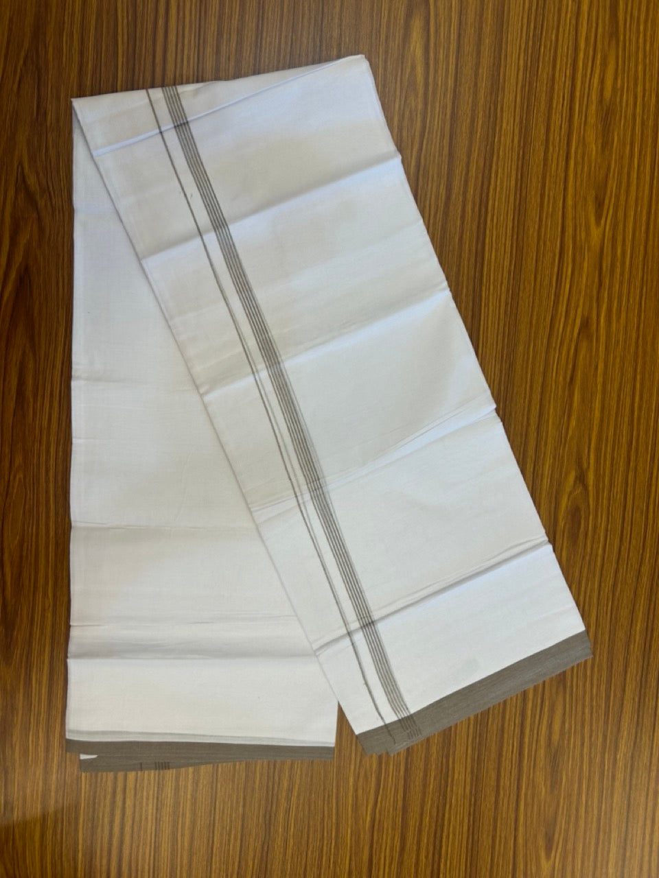 20% Discount ! Kaitharikada Balaramapuram 100% Cotton Pure White Double Mundu/Dothi - 100x80 - 0.5 inch Walnut Brown Striped Kara 3.90 mtr (8 muzham) - 4 KK5291 VAS