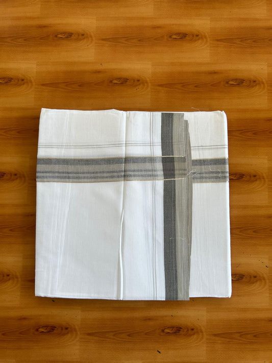 Pure white Double Mundu/Dhoti - 20% Discount !! KaithariKada Pulimood 100% Cotton - 100x80 - 1.25 inch Ash Green & Black Silver Kasav Shaded Striped Kara 3.85 mtr (8 muzham) - 12 KK5552 VIN